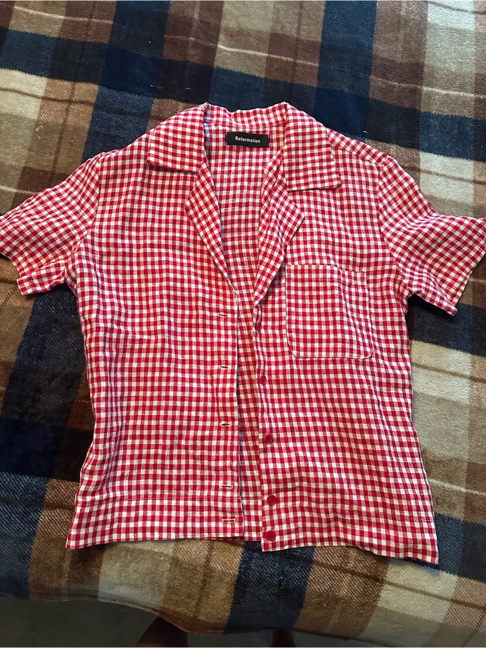 Reformation Red and White Gingham Short Sleeve Button-Down
